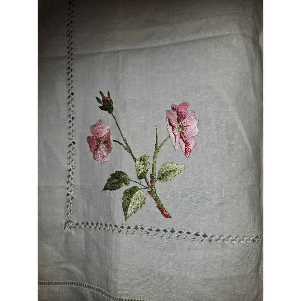 Vintage Hand Embroidered White Linen Tea Tablecloth Pink Wild Rose Hemstitch